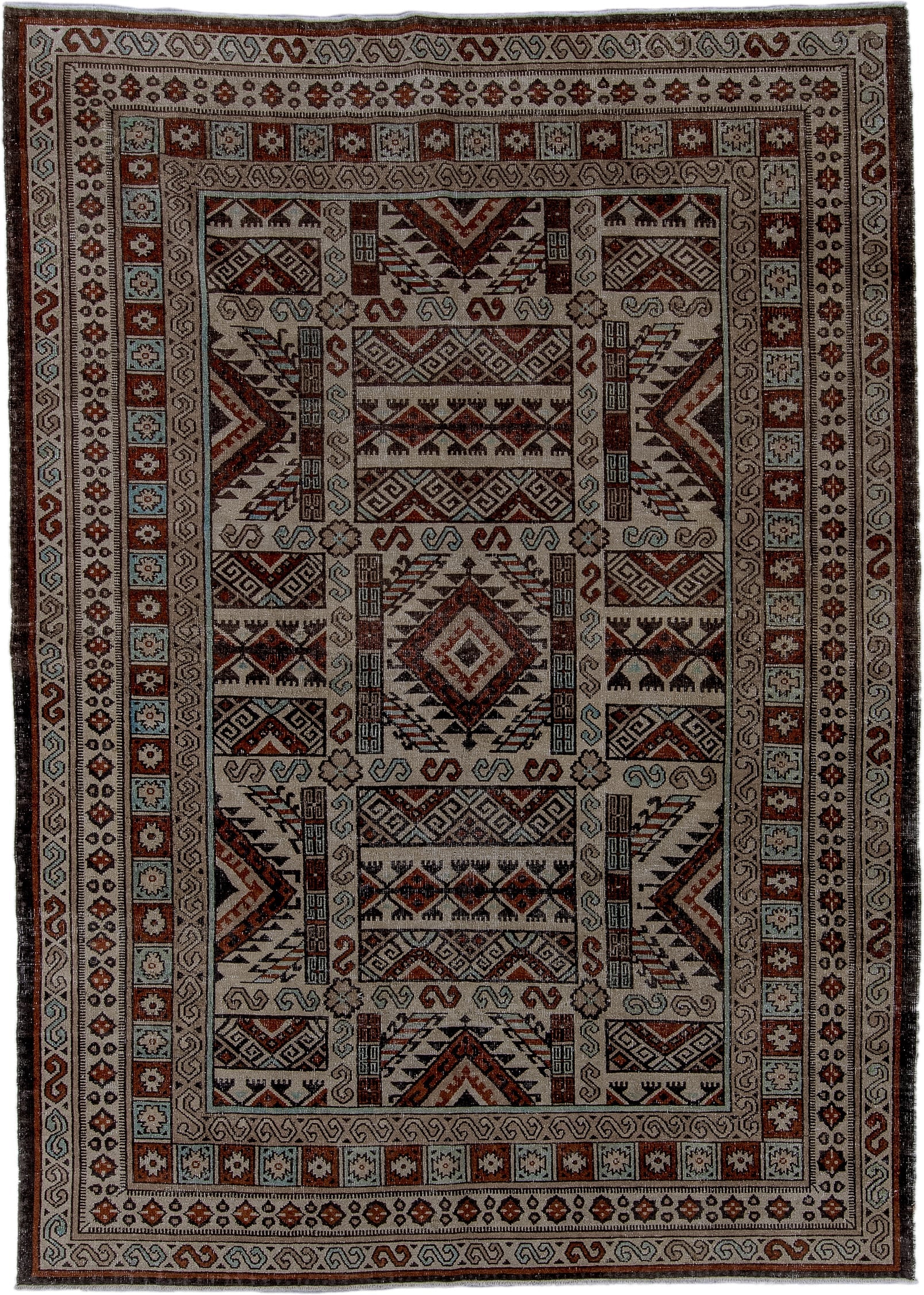 6' x 8' one-of-a-kind handmade antique Khotan medium size rug. Color palette: ivory, rust, brown, pale_blue, charcoal, taupe