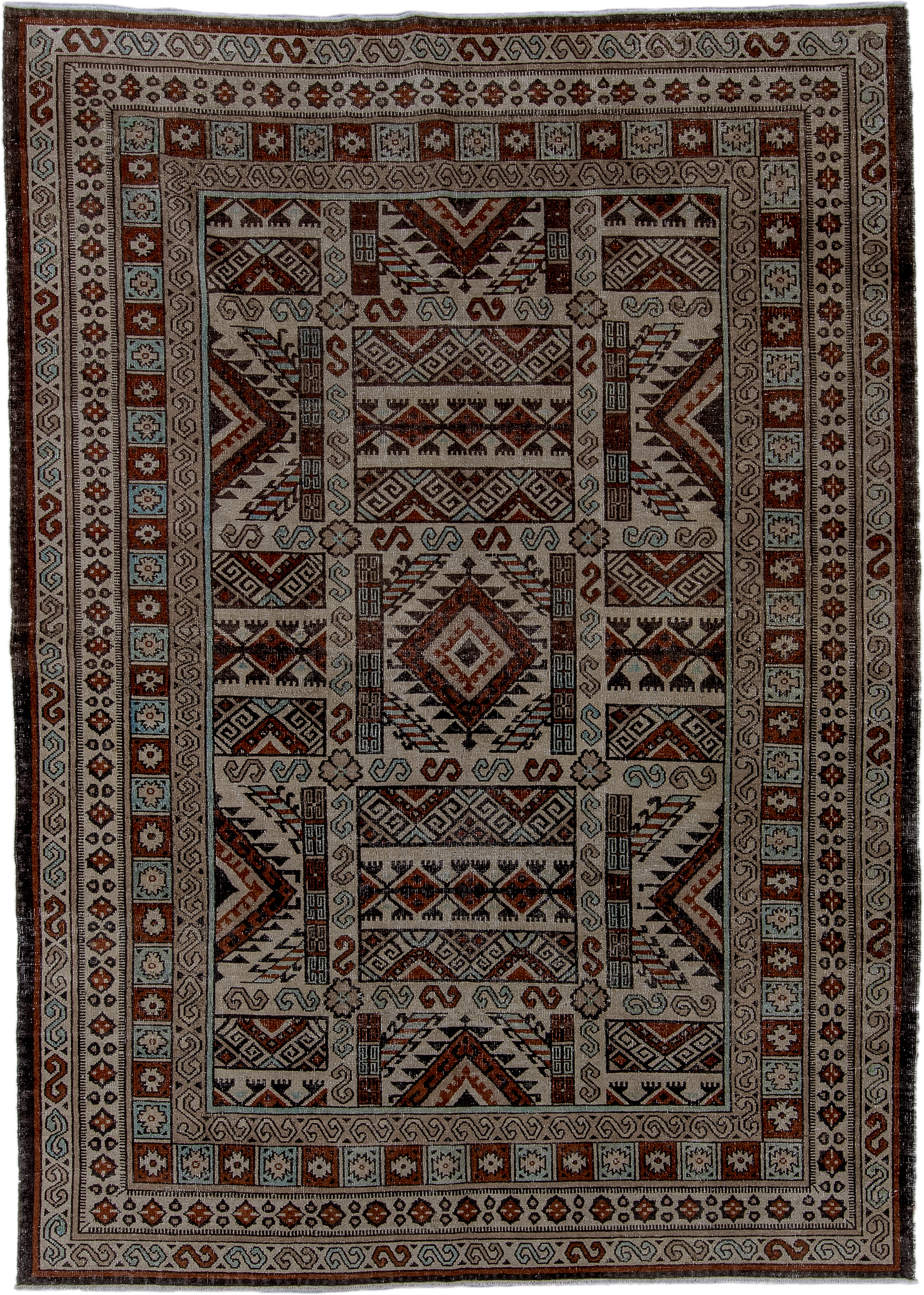 6' x 8' one-of-a-kind handmade antique Khotan medium size rug. Color palette: ivory, rust, brown, pale_blue, charcoal, taupe