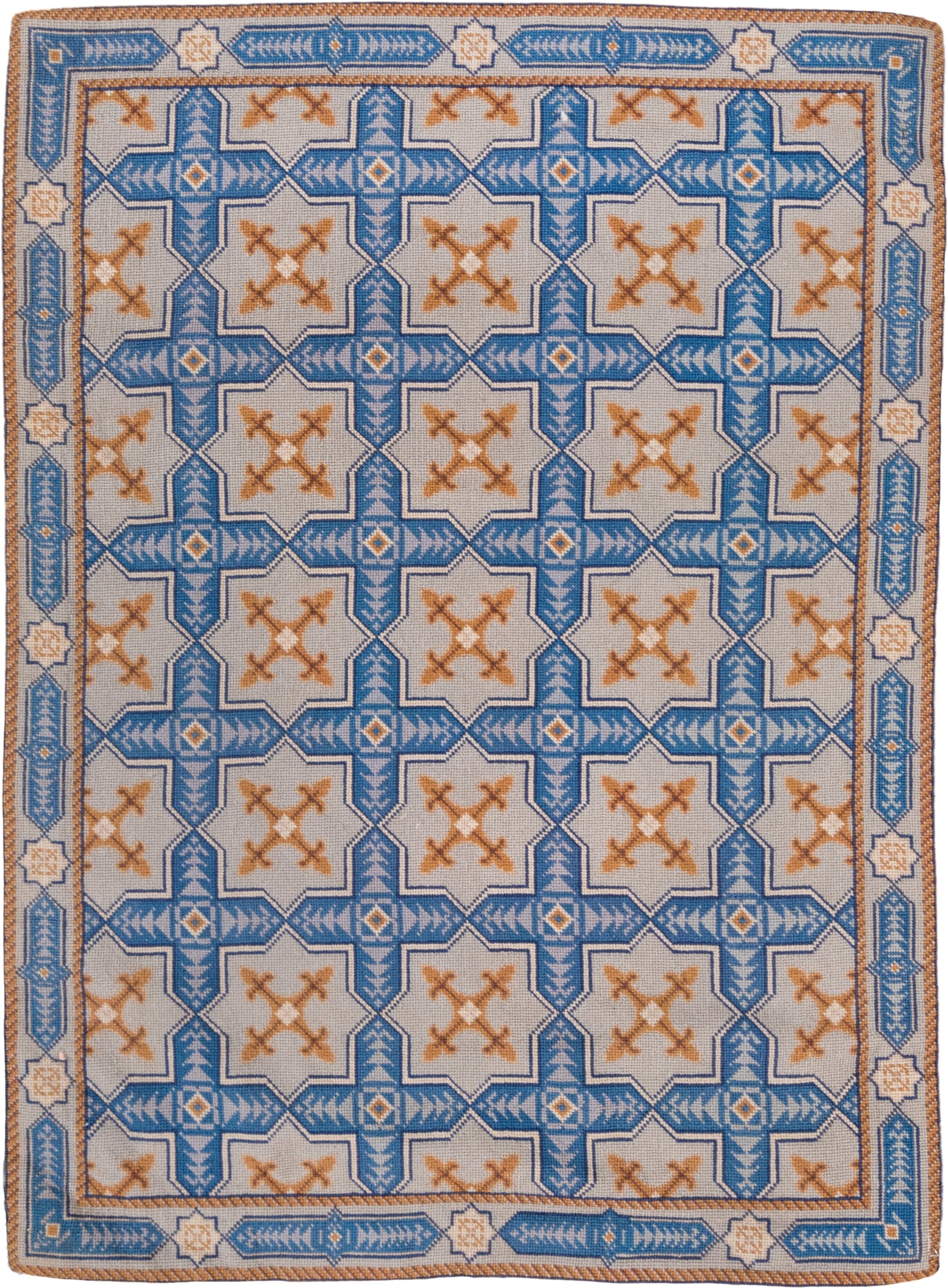 2' x 3' one-of-a-kind handmade vintage Needlepoint small size rug. Color palette: ivory, sky blue, camel, tan, light blue