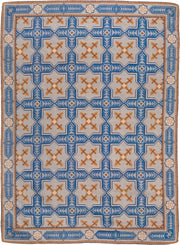 2' x 3' one-of-a-kind handmade vintage Needlepoint small size rug. Color palette: ivory, sky blue, camel, tan, light blue