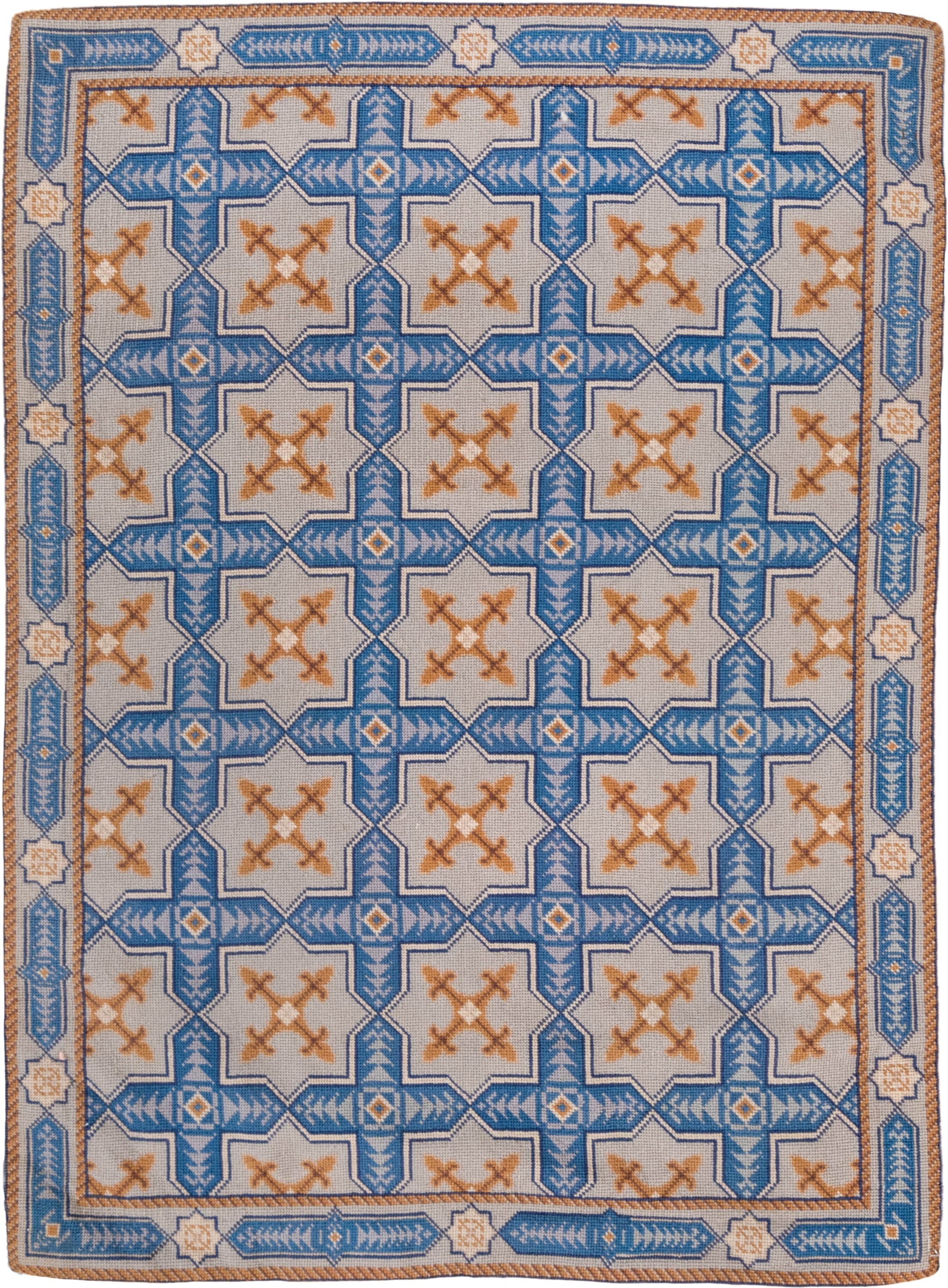 2' x 3' one-of-a-kind handmade vintage Needlepoint small size rug. Color palette: ivory, sky blue, camel, tan, light blue