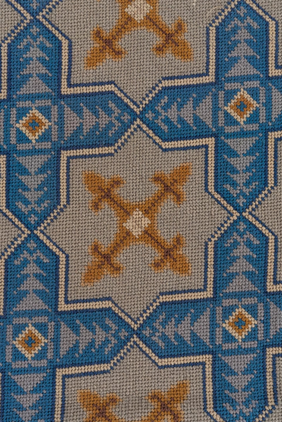 2' x 3' one-of-a-kind handmade vintage Needlepoint small size rug. Color palette: ivory, sky blue, camel, tan, light blue