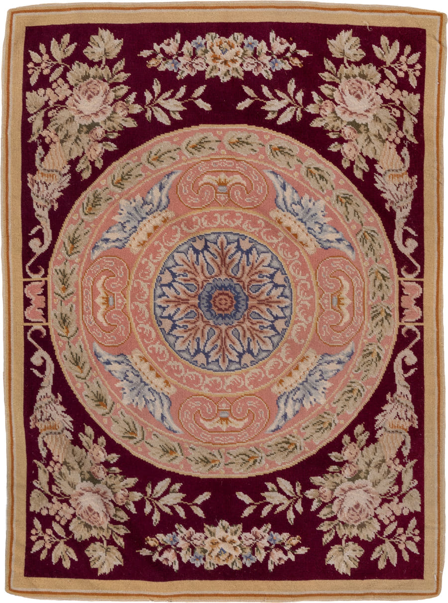 2' x 3' one-of-a-kind handmade antique Needlepoint small size rug. Color palette: burgundy, blush, ivory, beige, sage
