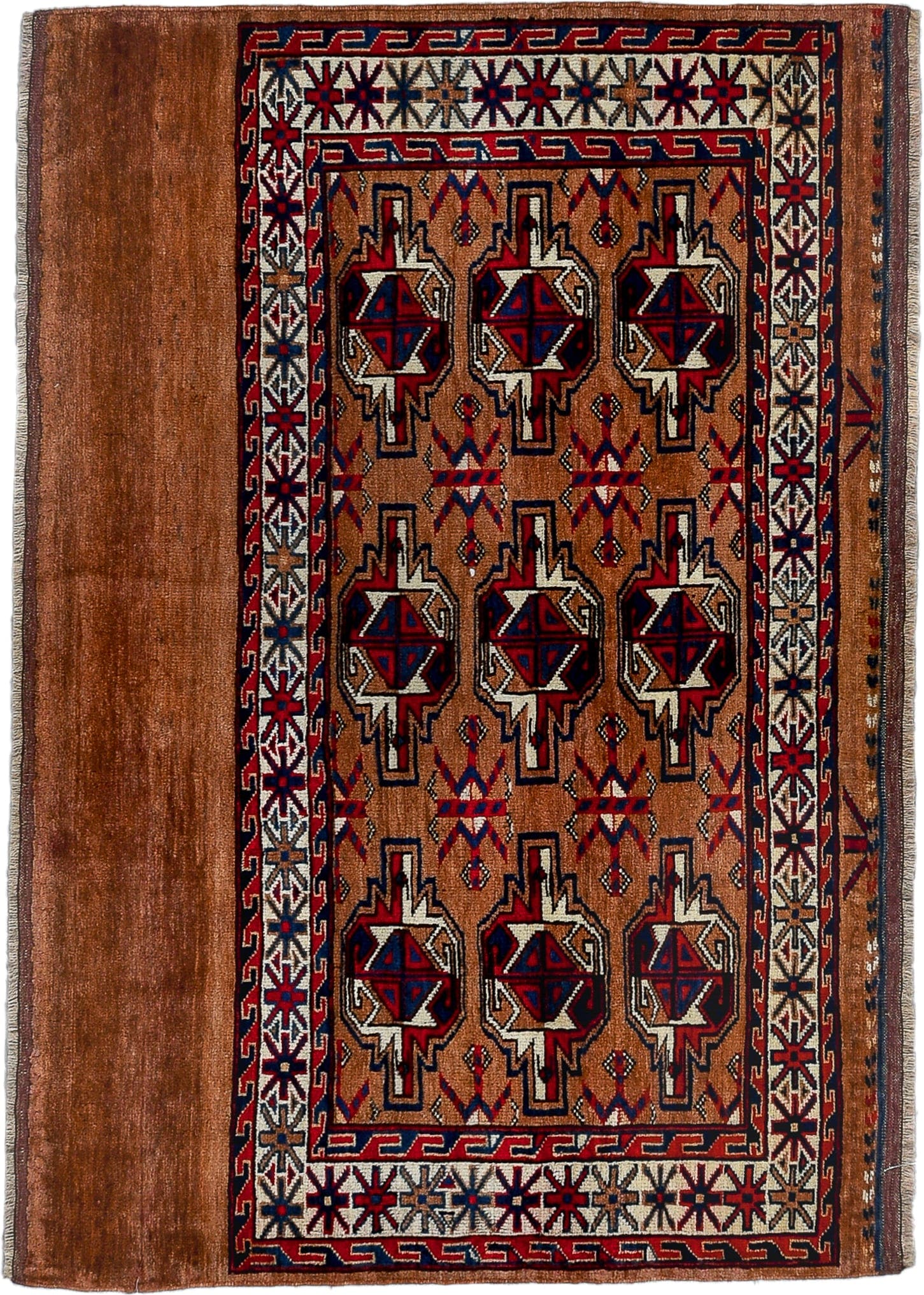 2' x 3' one-of-a-kind handmade antique Yamoud small size rug. Color palette: camel, rust, navy, ivory, crimson, brown