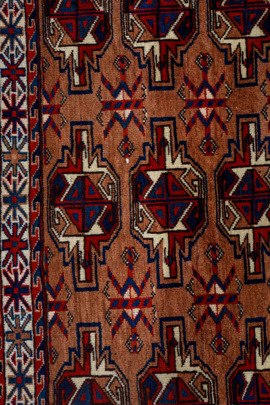 2' x 3' one-of-a-kind handmade antique Yamoud small size rug. Color palette: camel, rust, navy, ivory, crimson, brown