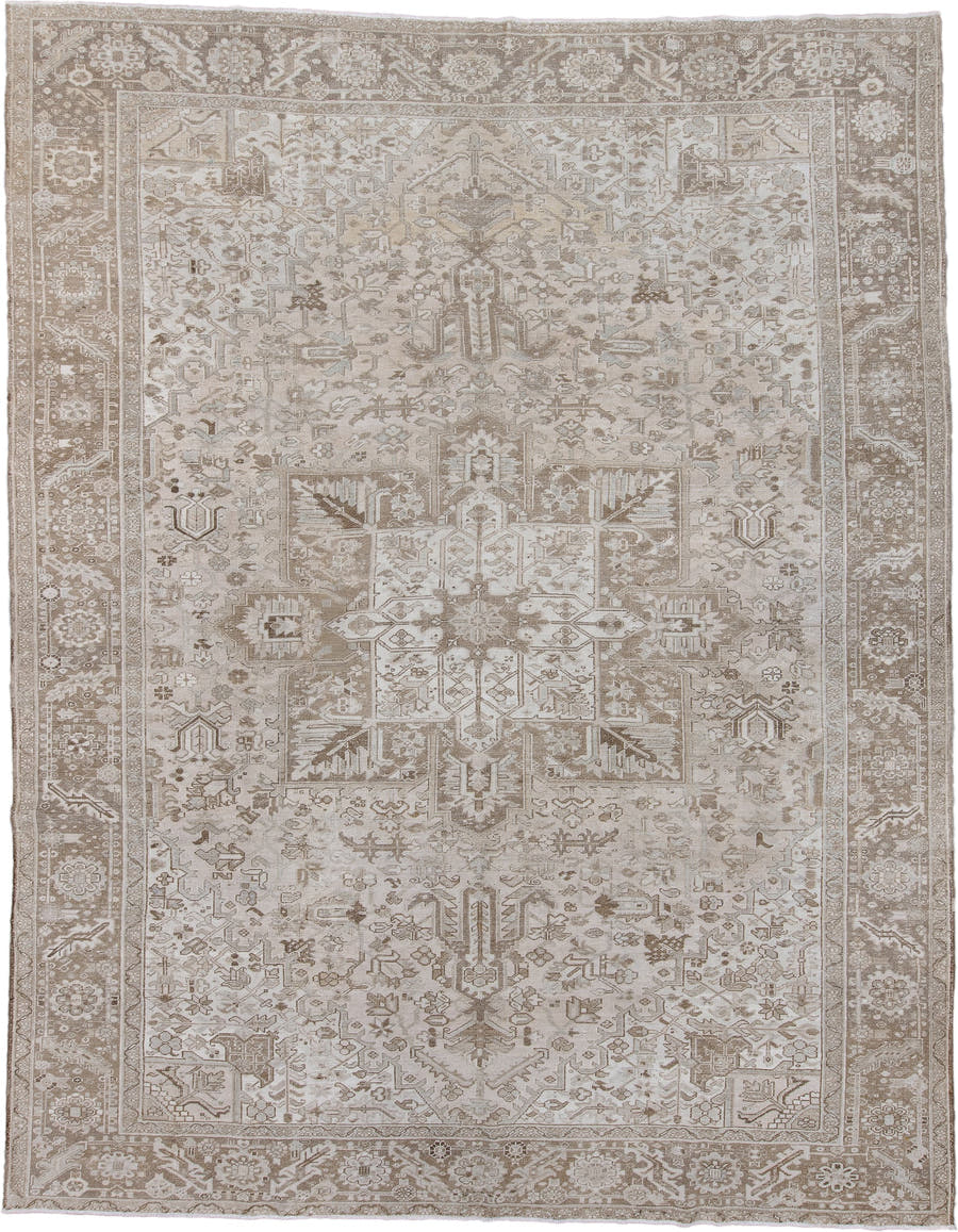 10' x 13' one-of-a-kind handmade antique Heriz large size rug. Color palette: ivory, taupe, beige, camel, sand, light brown