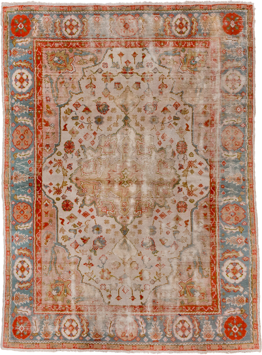 7' x 9' one-of-a-kind handmade antique Oushak rug. Color palette: ivory, powder_blue, coral, taupe, muted_gold, sage