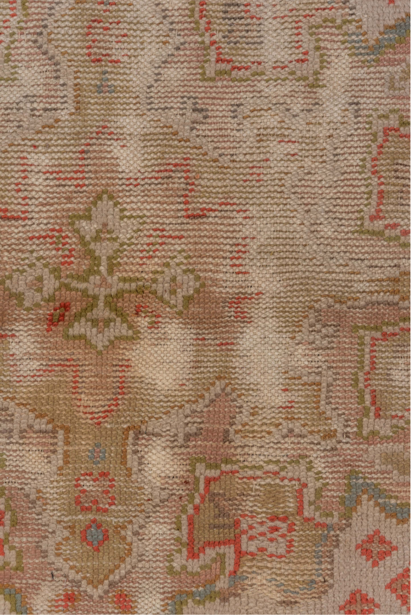 7' x 9' one-of-a-kind handmade antique Oushak rug. Color palette: ivory, powder_blue, coral, taupe, muted_gold, sage