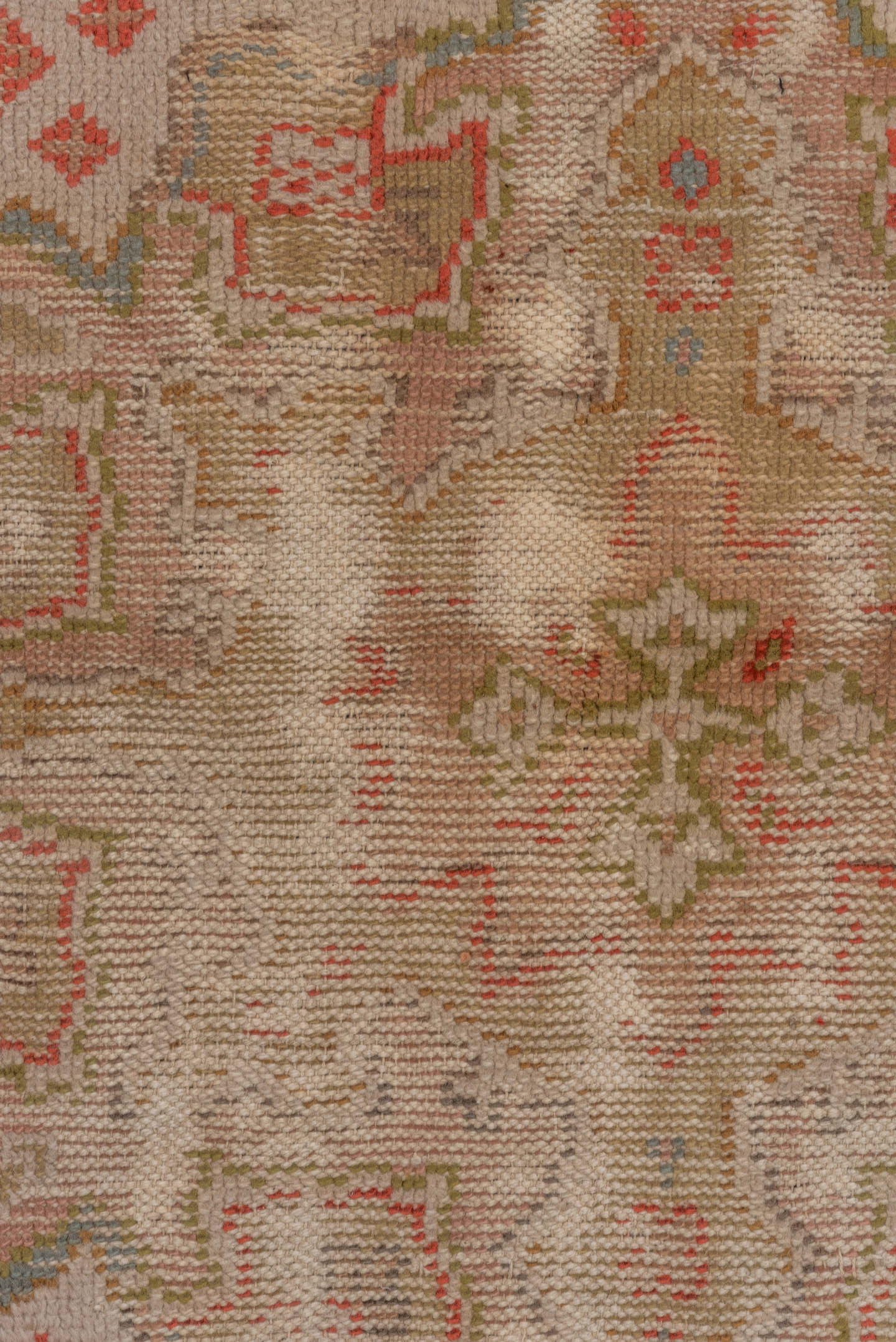 7' x 9' one-of-a-kind handmade antique Oushak rug. Color palette: ivory, powder_blue, coral, taupe, muted_gold, sage