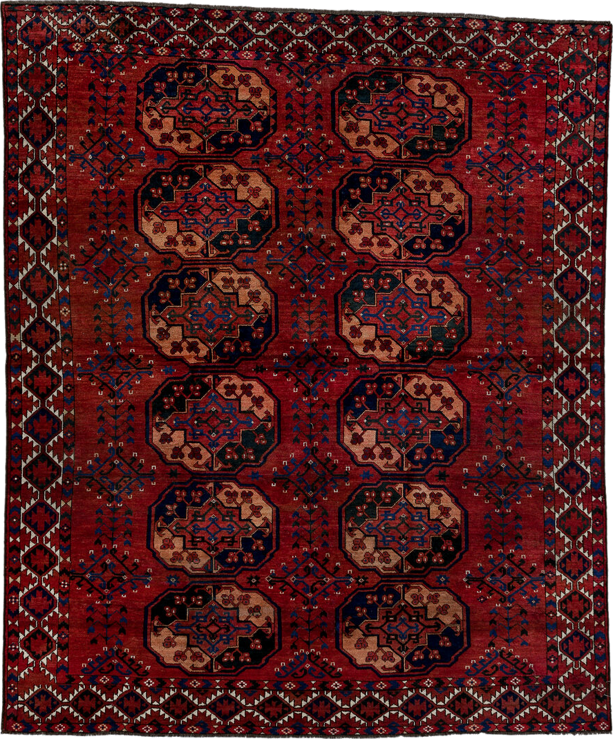 6' x 7' one-of-a-kind handmade vintage Afghan rug. Color palette: black, brown, gray, light gray, off-white, pink, red