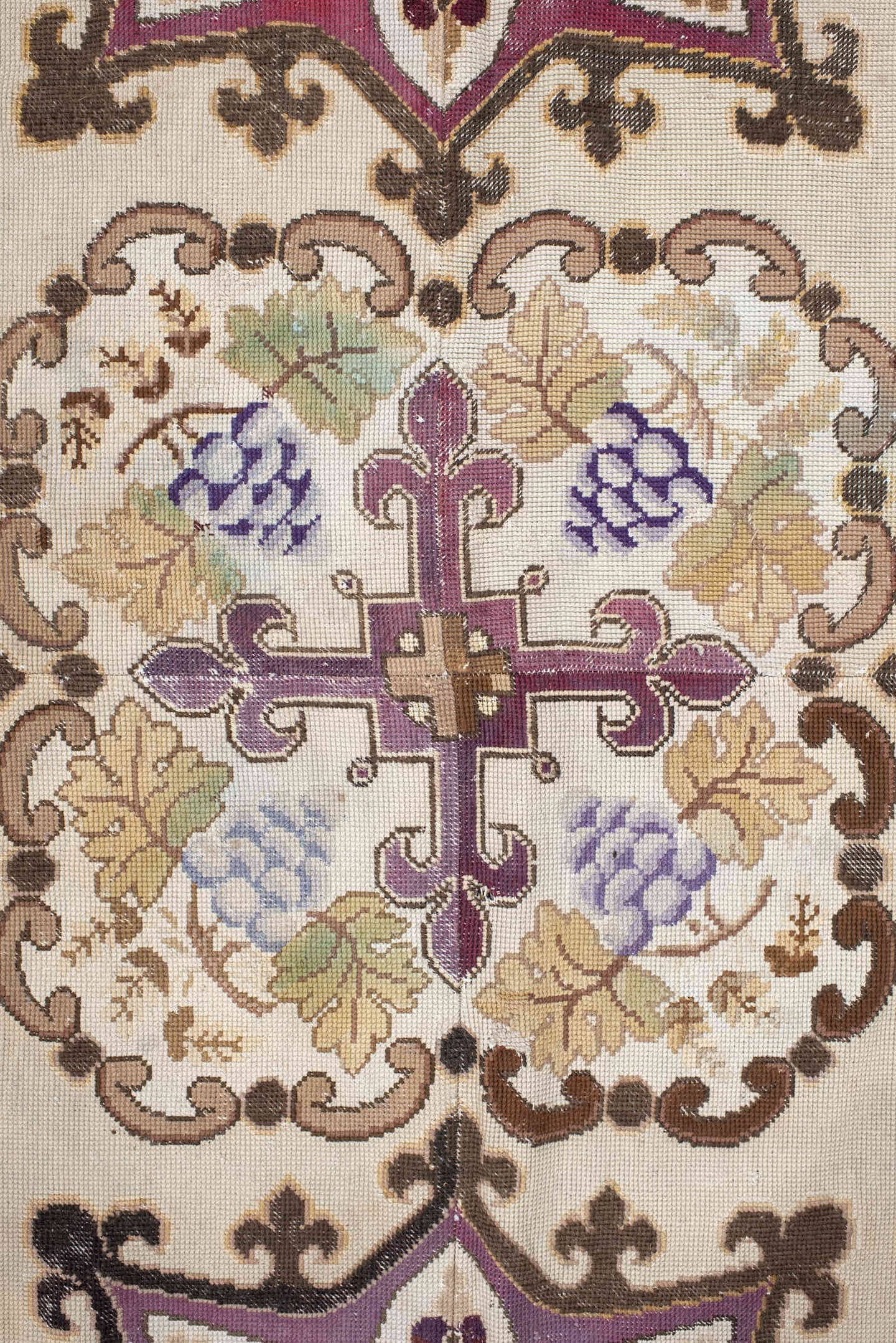 14' x 15' one-of-a-kind handmade antique Needlepoint oversize rug. Color palette: ivory, brown, burgundy, rose, taupe, sage