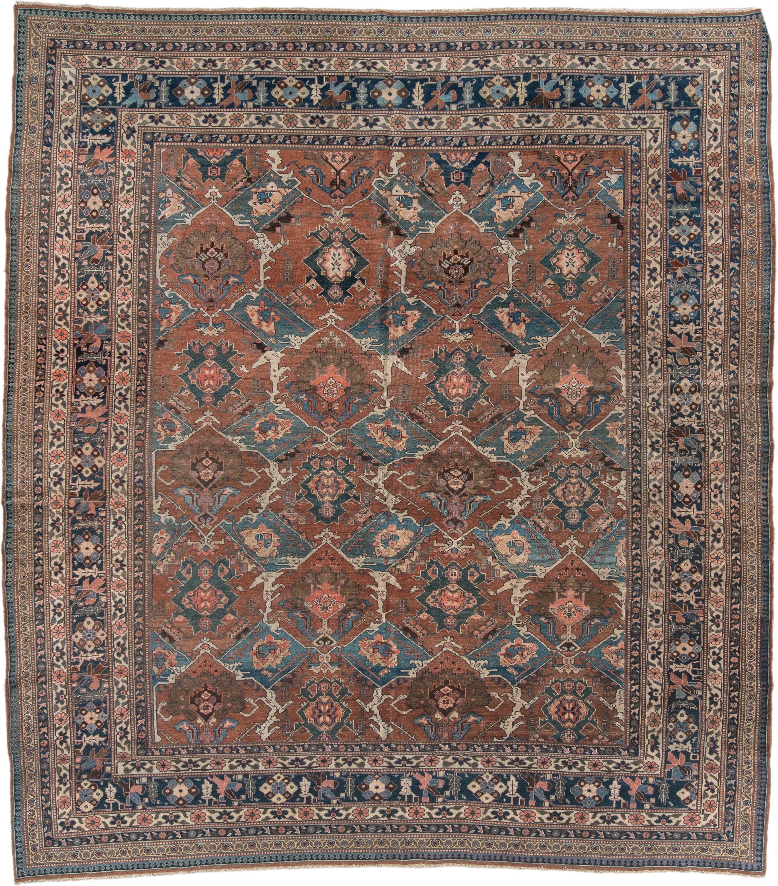 9' x 10' one-of-a-kind handmade antique Bakhshayesh large size rug. Color palette: terra cotta, navy, ivory, sky blue, camel