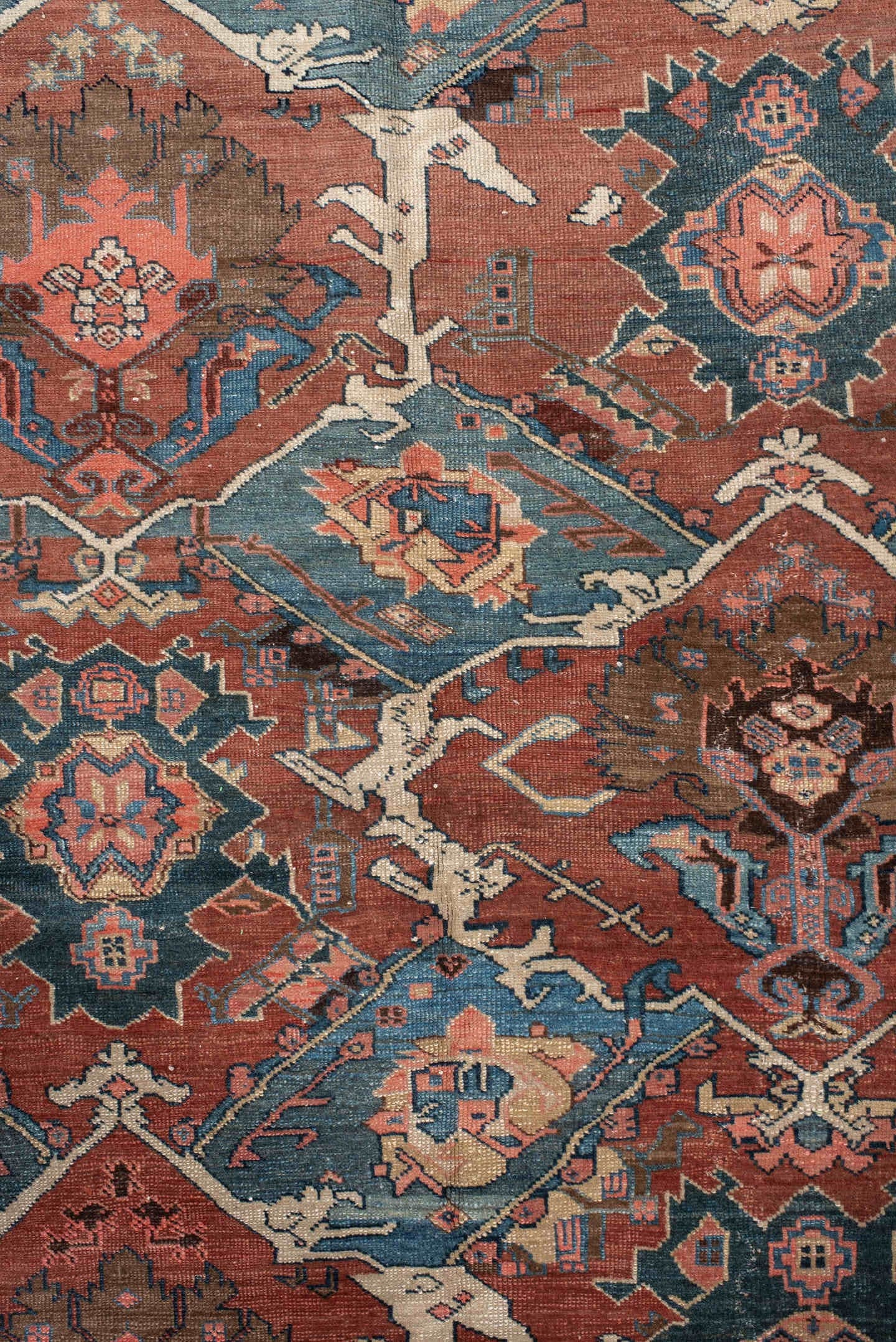 9' x 10' one-of-a-kind handmade antique Bakhshayesh large size rug. Color palette: terra cotta, navy, ivory, sky blue, camel
