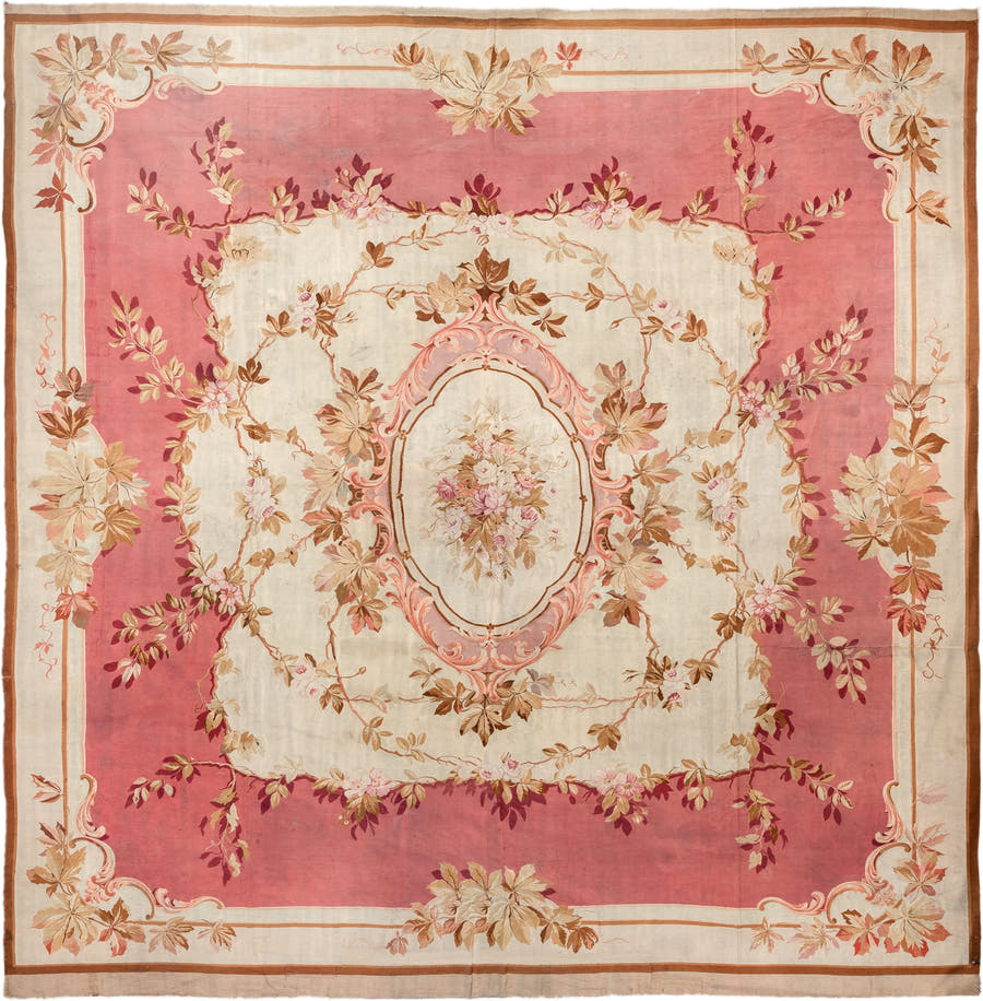 18' x 18' one-of-a-kind handmade antique Aubusson oversize rug. Color palette: rose, ivory, taupe, camel, blush, burgundy