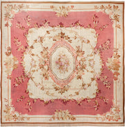 18' x 18' one-of-a-kind handmade antique Aubusson oversize rug. Color palette: rose, ivory, taupe, camel, blush, burgundy