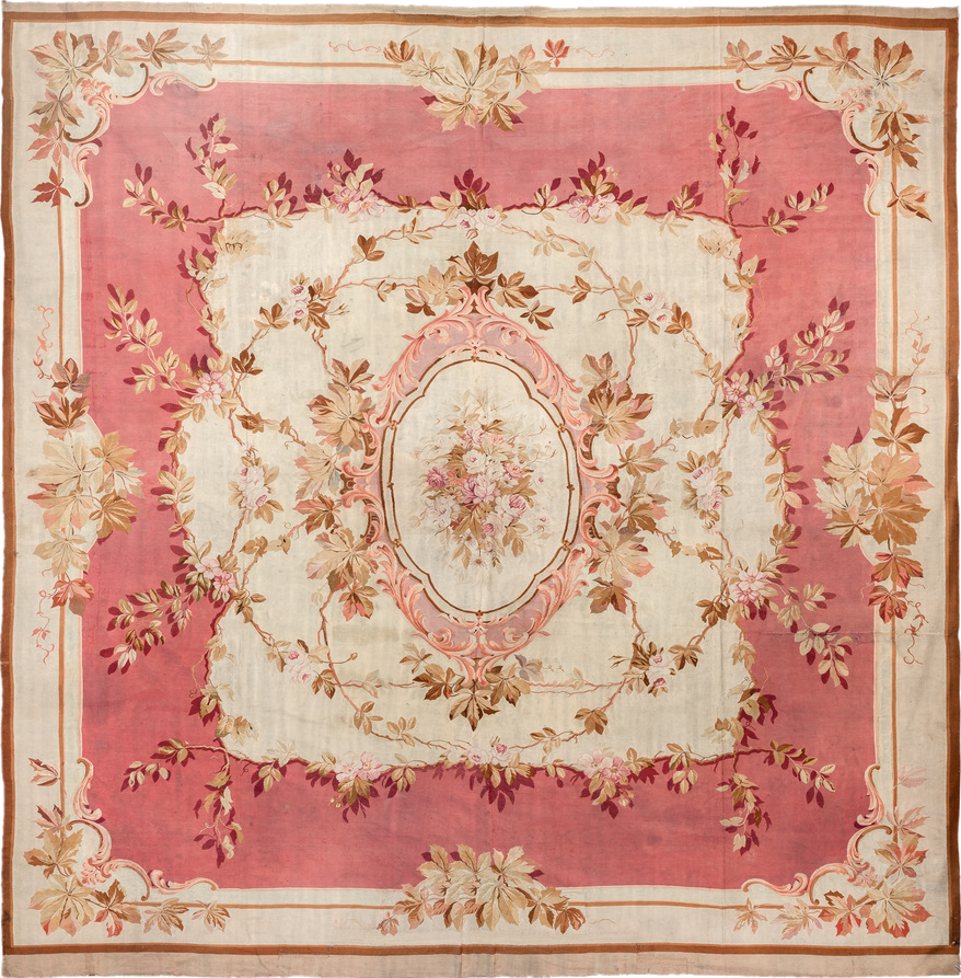 18' x 18' one-of-a-kind handmade vintage Aubusson oversize rug. Color palette: brown, gray, light gray, off-white, orange