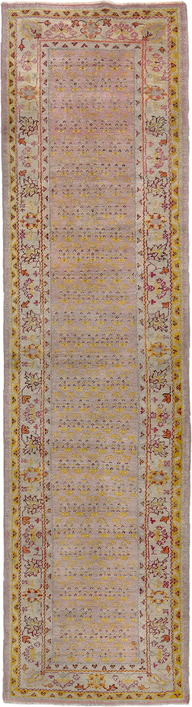 3' x 11' one-of-a-kind handmade antique Oushak runner rug. Color palette: ivory, blush, gold, rose, rust, taupe, pink, red