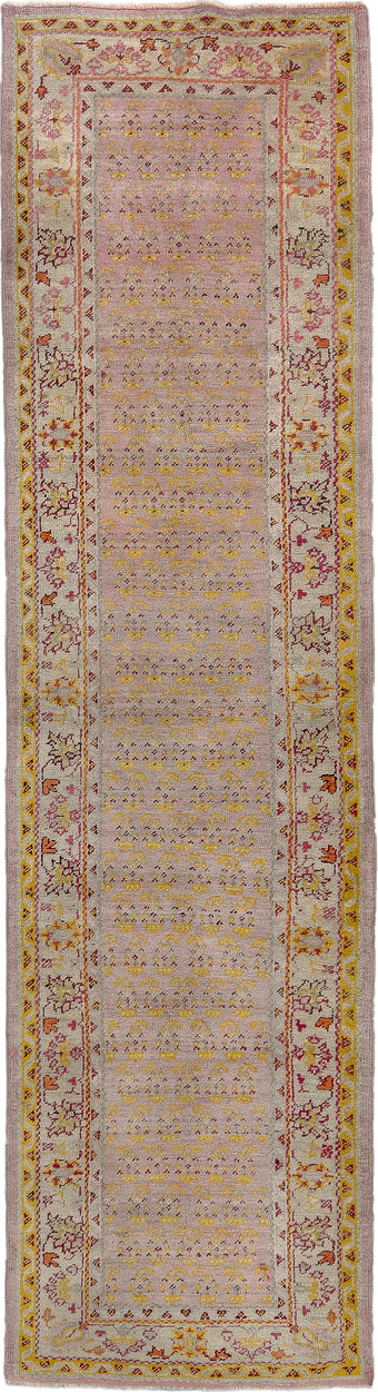 3' x 11' one-of-a-kind handmade antique Oushak runner rug. Color palette: ivory, blush, gold, rose, rust, taupe, pink, red
