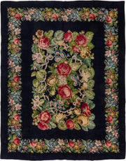 9' x 11' one-of-a-kind handmade antique Needlepoint large size rug. Color palette: navy, sage, rose, ivory, gold, sky blue