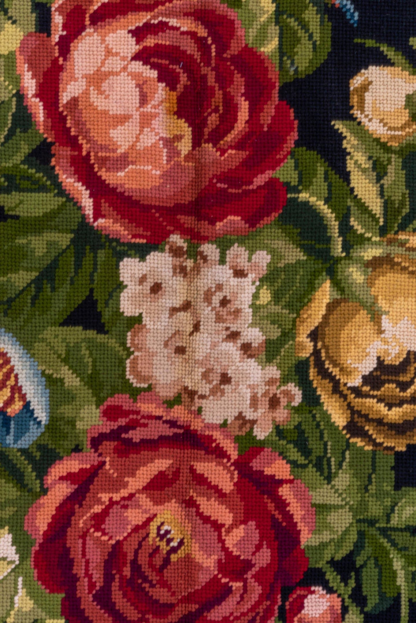 9' x 11' one-of-a-kind handmade antique Needlepoint large size rug. Color palette: navy, sage, rose, ivory, gold, sky blue