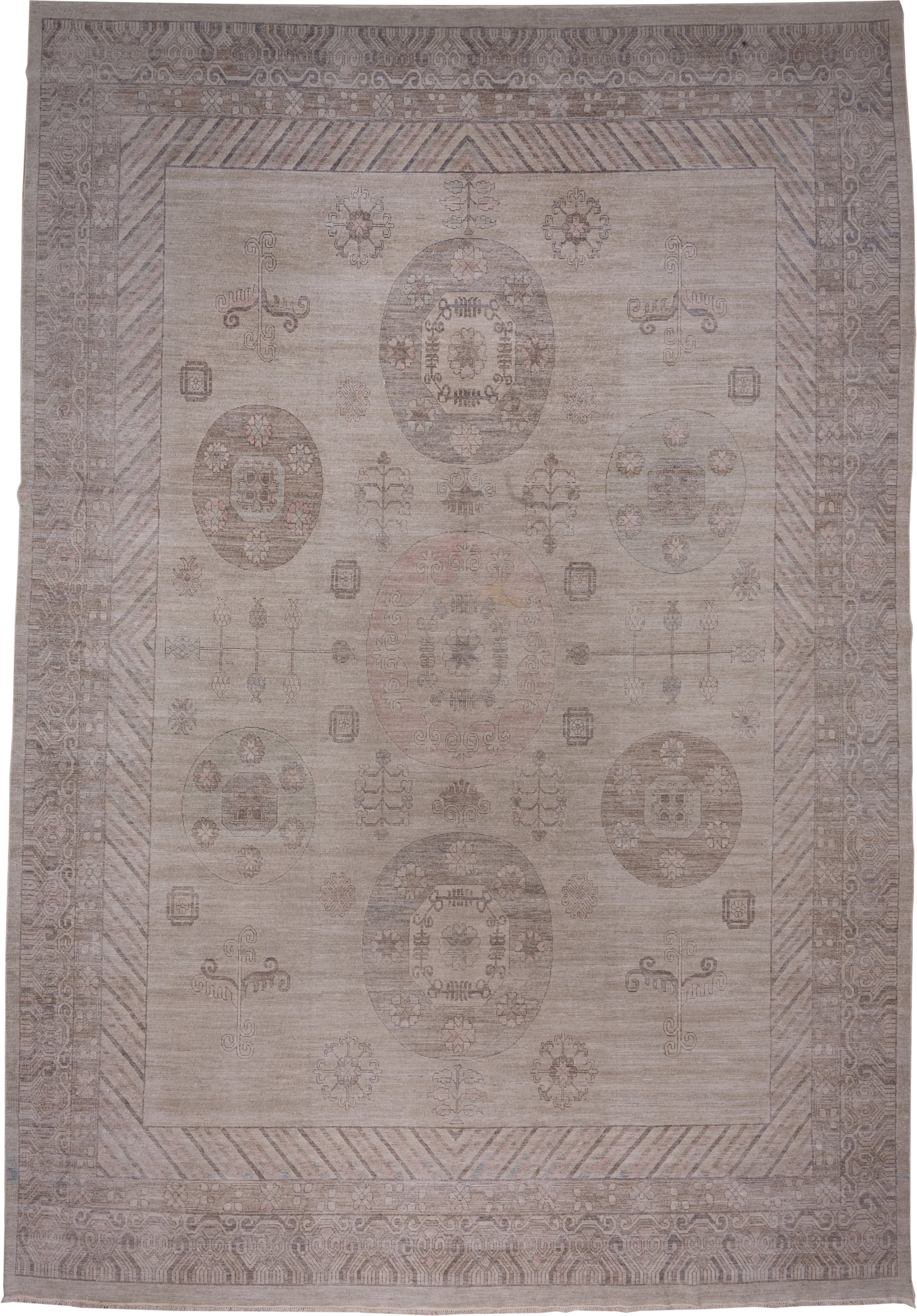 12' x 18' one-of-a-kind handmade vintage Khotan oversize rug. Color palette: taupe, beige, dusty rose, mauve, ivory, brown