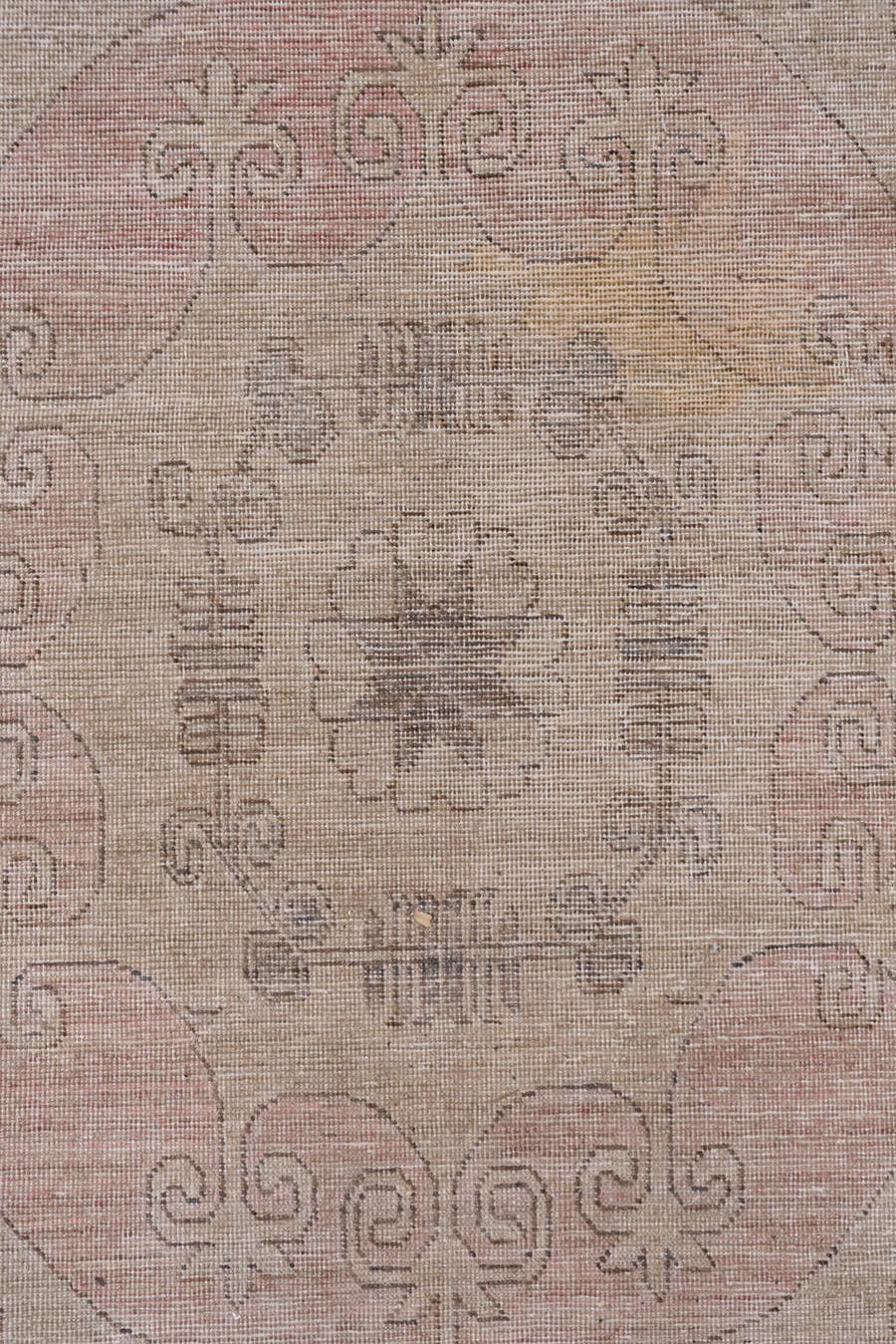 12' x 18' one-of-a-kind handmade vintage Khotan oversize rug. Color palette: taupe, beige, dusty rose, mauve, ivory, brown
