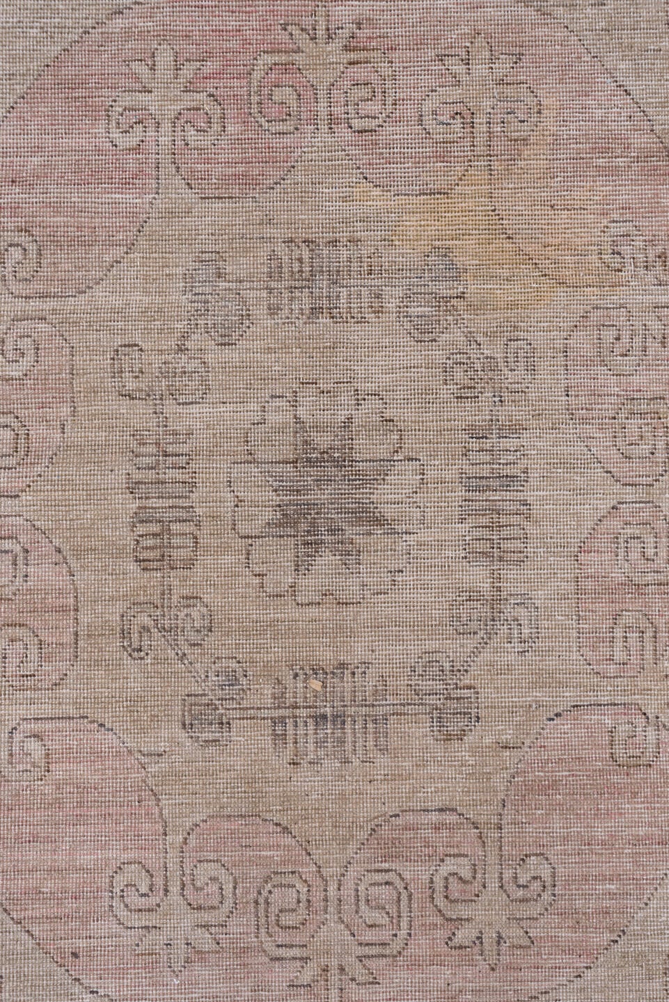 12' x 18' one-of-a-kind handmade vintage Khotan oversize rug. Color palette: taupe, beige, dusty rose, mauve, ivory, brown