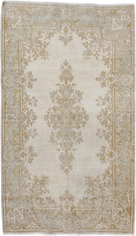 4' x 6' one-of-a-kind handmade antique Kerman small size rug. Color palette: ivory, beige, taupe, camel, gold, sand, gray