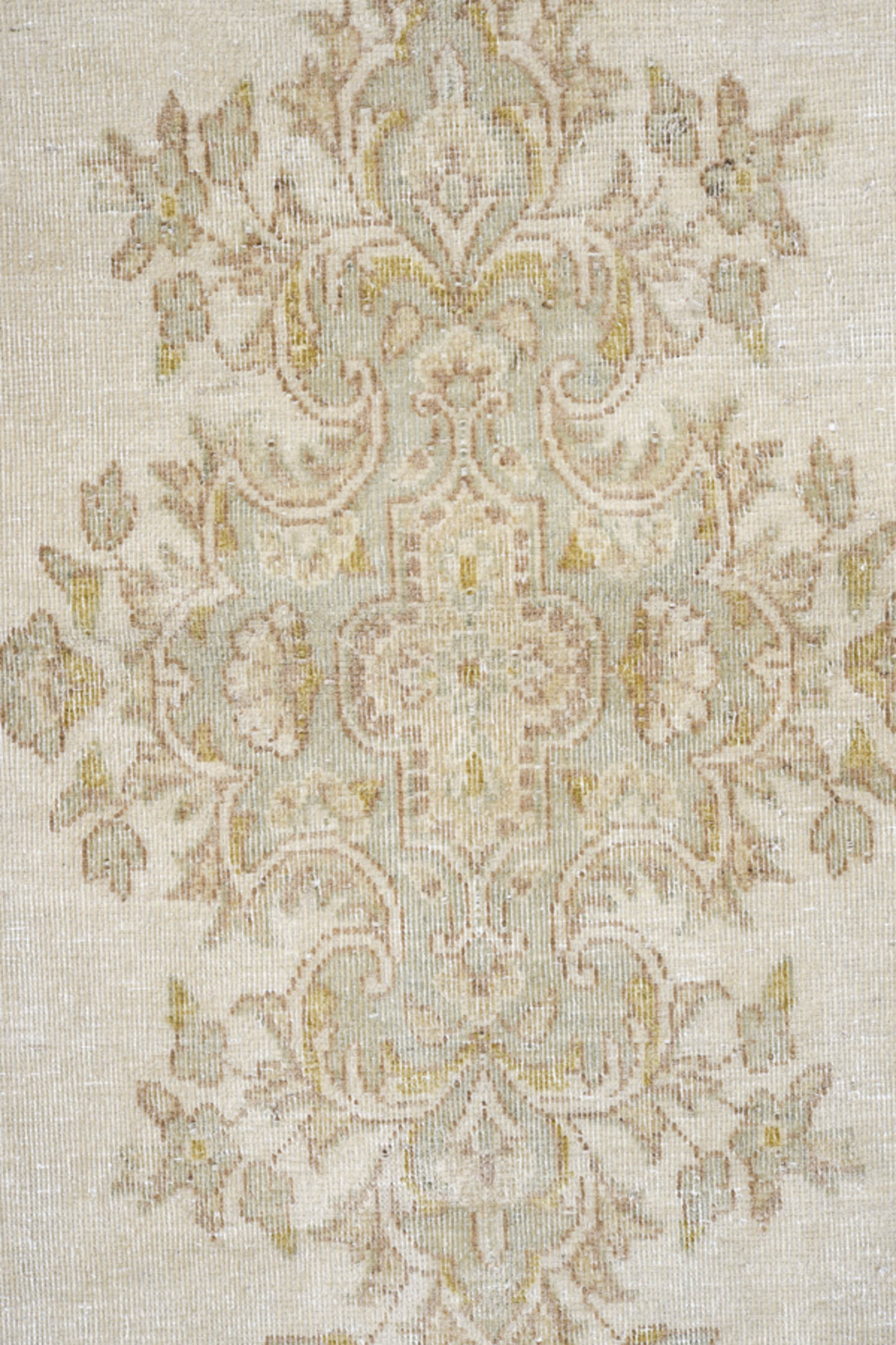 4' x 6' one-of-a-kind handmade antique Kerman small size rug. Color palette: ivory, beige, taupe, camel, gold, sand, gray