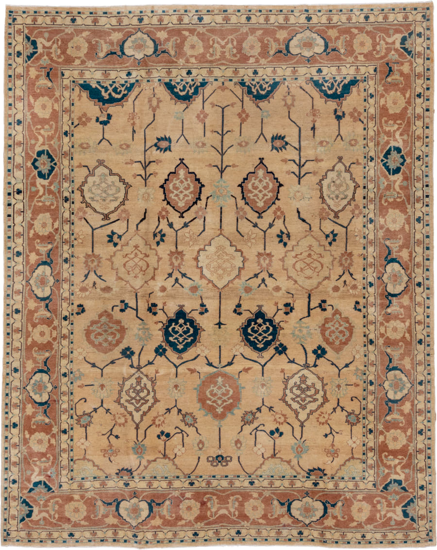 7' x 9' one-of-a-kind handmade vintage Afghan large size rug. Color palette: ivory, sand, terra cotta, navy, cream, camel