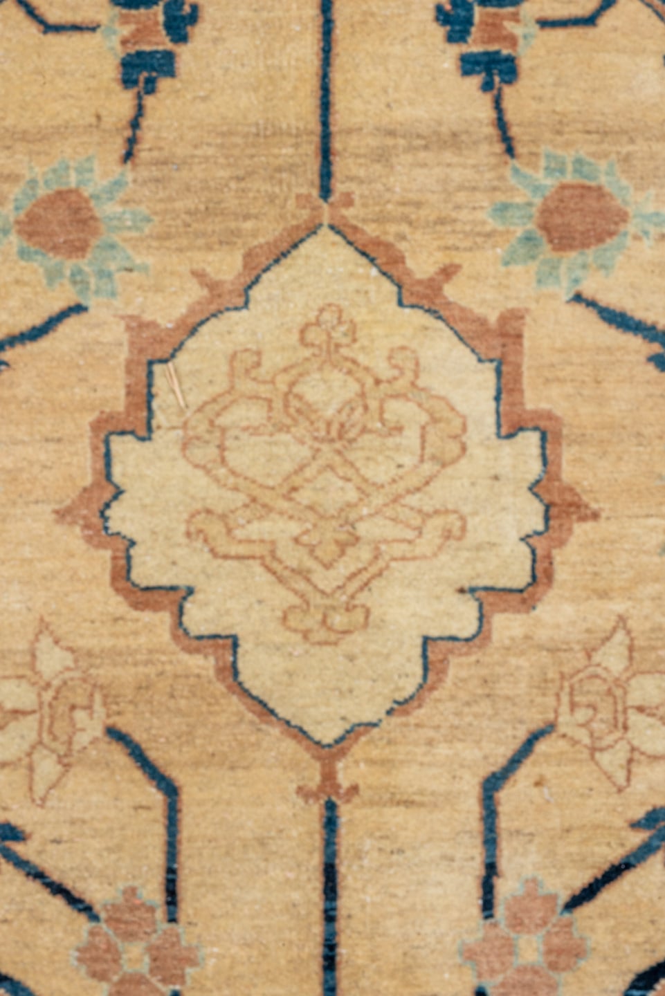 7' x 9' one-of-a-kind handmade vintage Afghan large size rug. Color palette: ivory, sand, terra cotta, navy, cream, camel