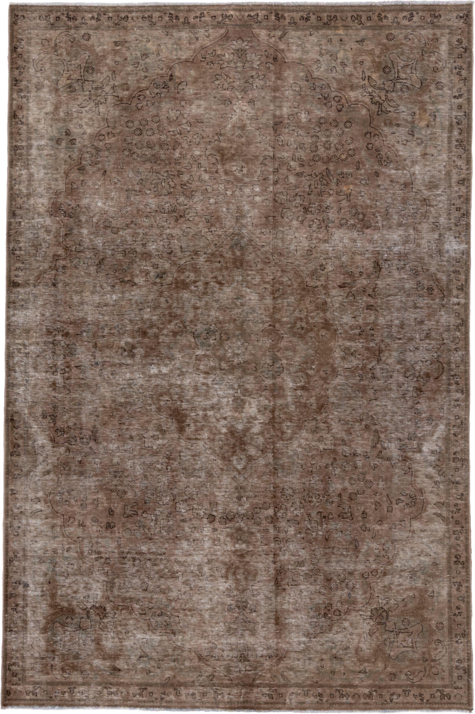 6' x 9' one-of-a-kind handmade vintage Distressed medium size rug. Color palette: taupe, brown, beige, camel, charcoal, gray