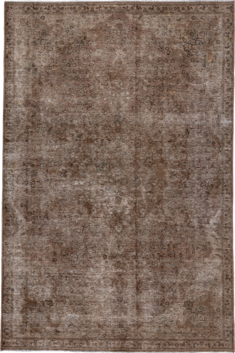 6' x 9' one-of-a-kind handmade vintage Distressed medium size rug. Color palette: brown, gray, light gray, off-white, pink
