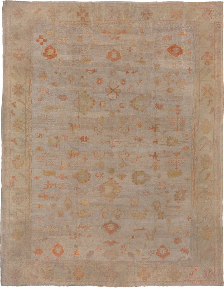 11' x 14' one-of-a-kind handmade vintage Oushak oversize rug. Color palette: beige, taupe, peach, coral, ivory, gold, sand