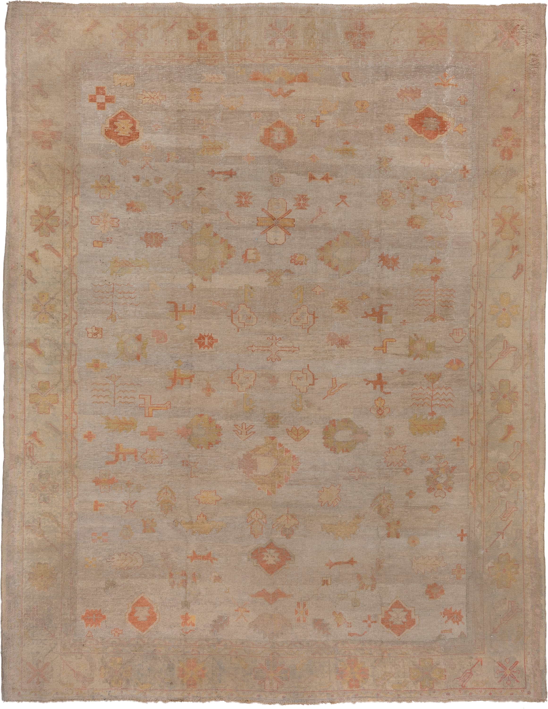 11' x 14' one-of-a-kind handmade vintage Oushak oversize rug. Color palette: beige, taupe, peach, coral, ivory, gold, sand