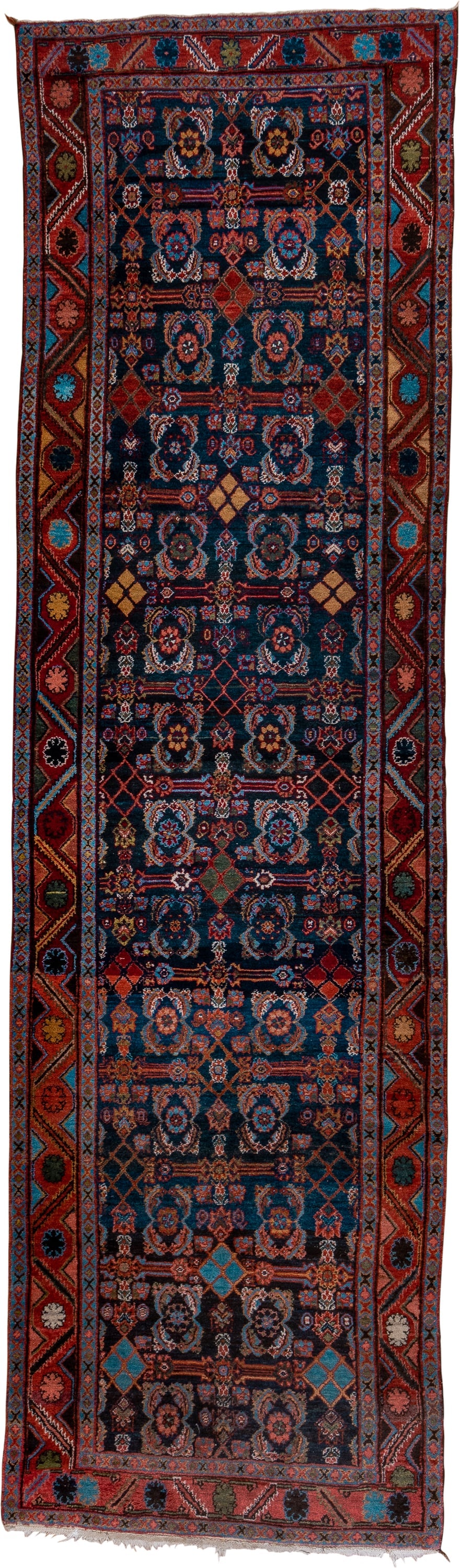 4' x 15' one-of-a-kind handmade vintage Hamadan runner rug. Color palette: navy, rust, indigo, crimson, turquoise, ivory