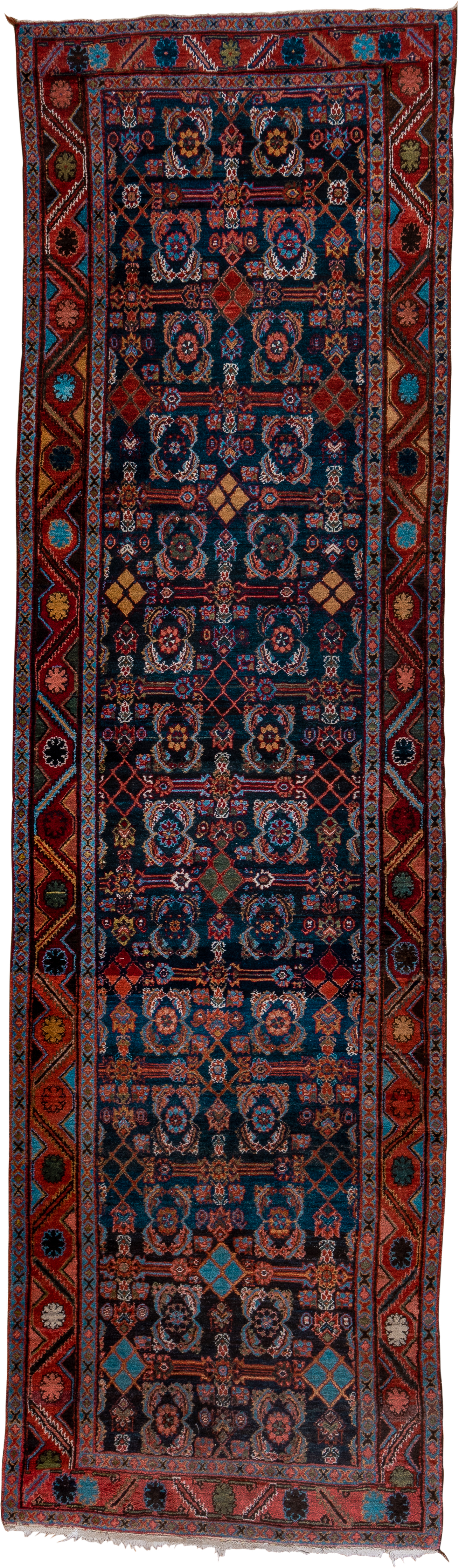 4' x 15' one-of-a-kind handmade vintage Hamadan runner rug. Color palette: navy, rust, indigo, crimson, turquoise, ivory