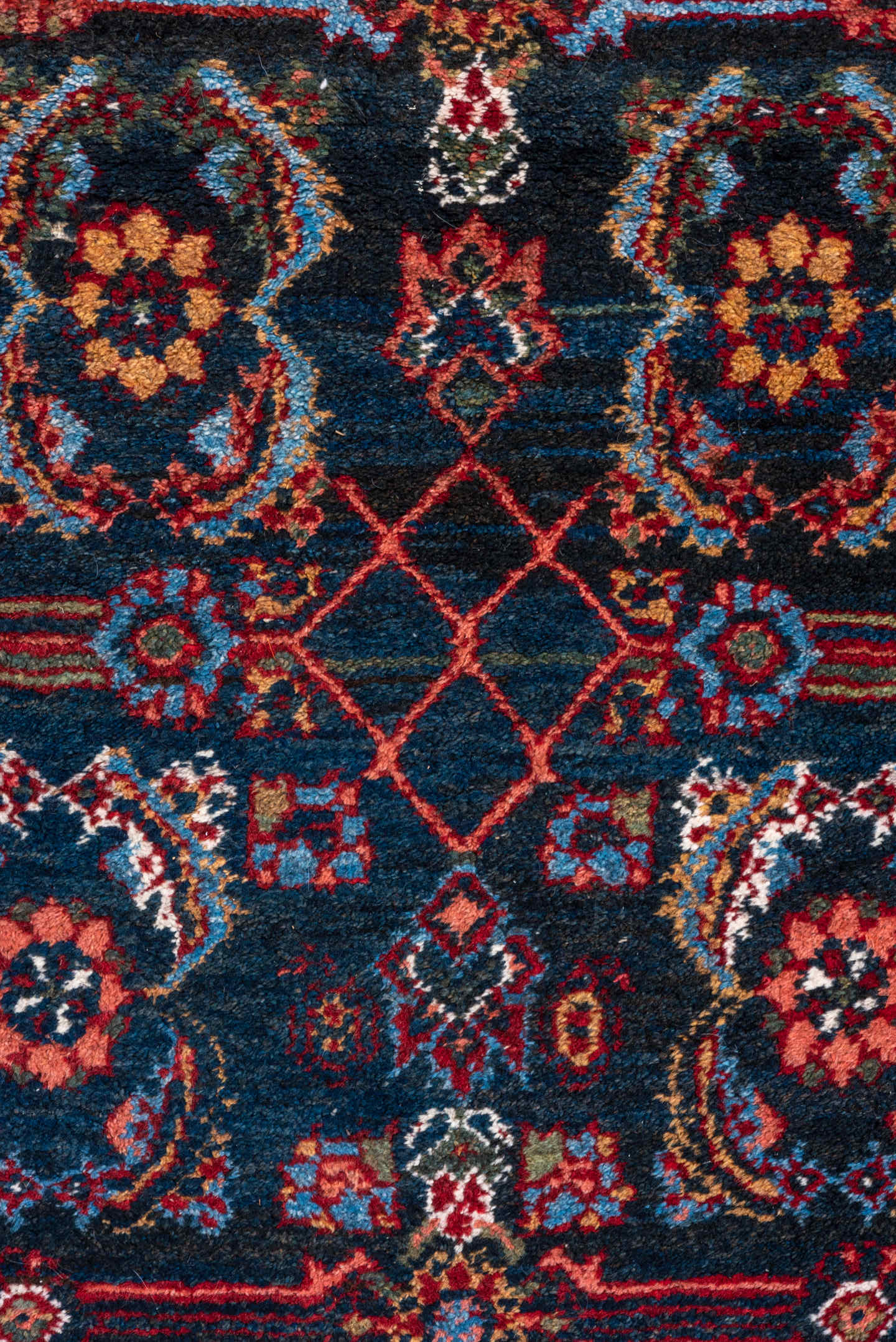 4' x 15' one-of-a-kind handmade vintage Hamadan runner rug. Color palette: navy, rust, indigo, crimson, turquoise, ivory