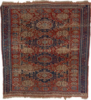 8' x 9' one-of-a-kind handmade antique Sumak rug. Color palette: rust, navy, ivory, sky blue, camel, crimson, terracotta