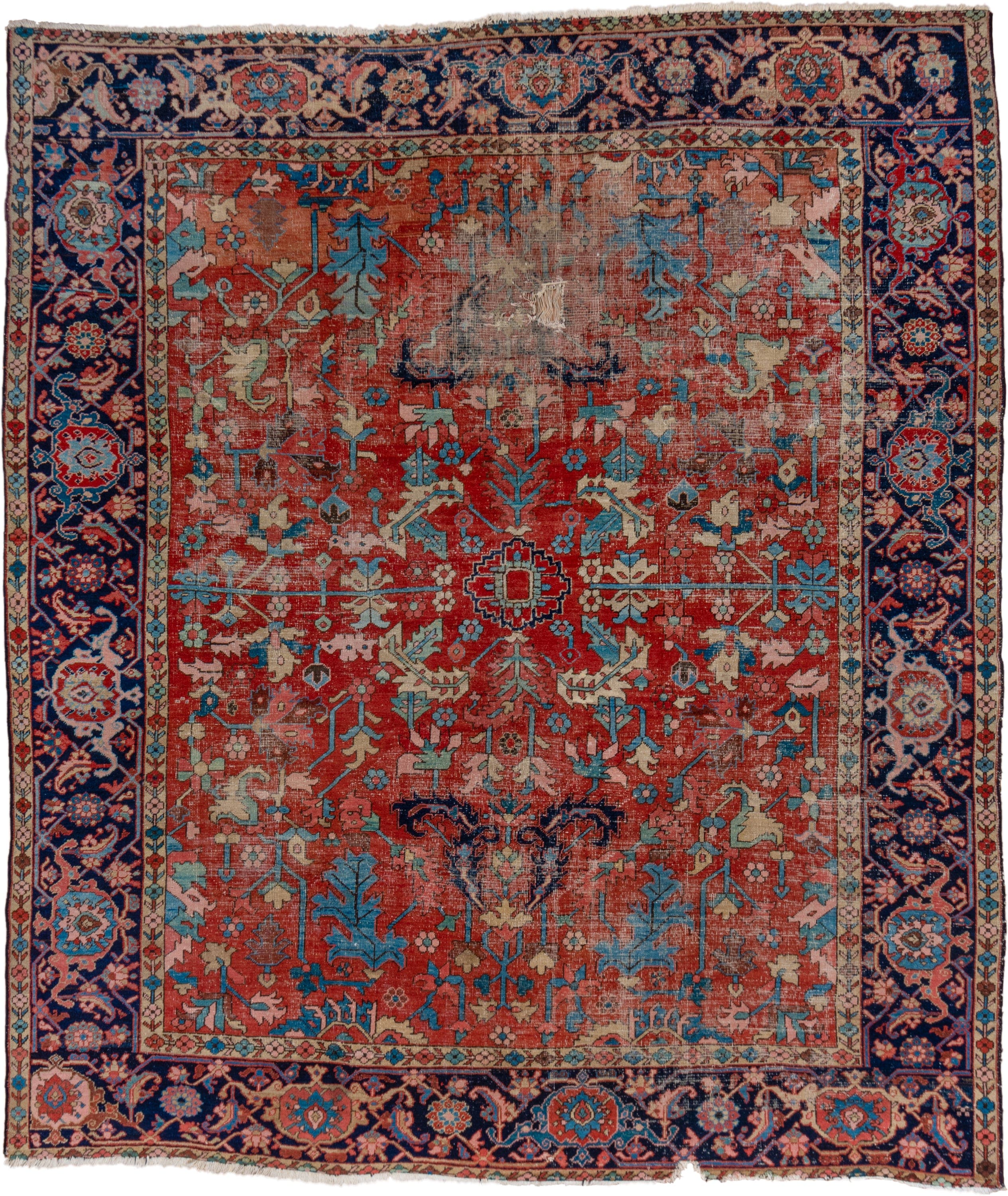 10' x 11' one-of-a-kind handmade vintage Heriz large size rug. Color palette: rust, navy, ivory, turquoise, coral, camel