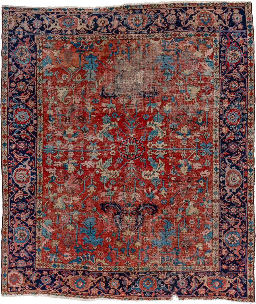 10' x 11' one-of-a-kind handmade vintage Heriz large size rug. Color palette: rust, navy, ivory, turquoise, coral, camel