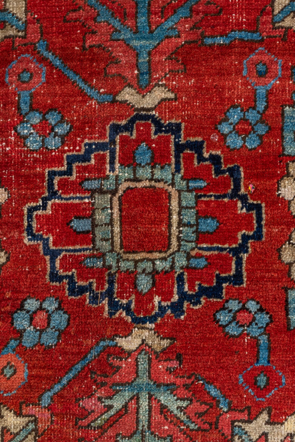 10' x 11' one-of-a-kind handmade vintage Heriz large size rug. Color palette: rust, navy, ivory, turquoise, coral, camel
