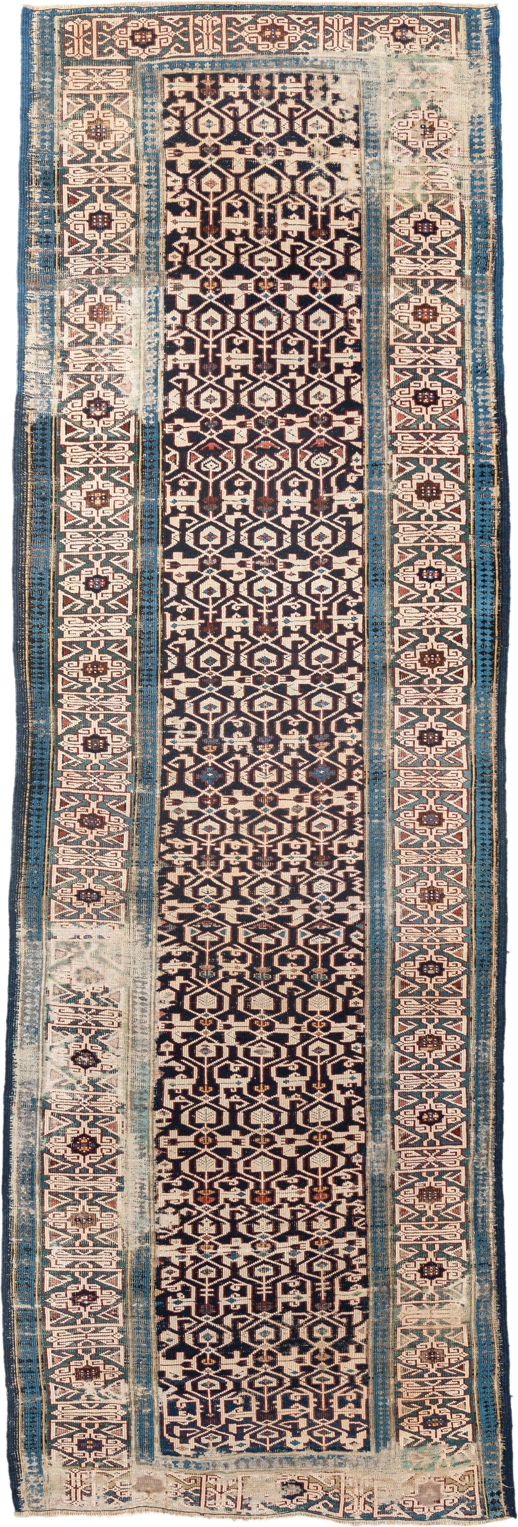 3' x 10' one-of-a-kind handmade antique Kuba runner rug. Color palette: indigo, ivory, rust, sky blue, camel, slate, purple