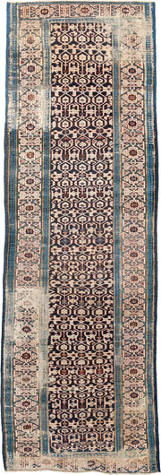 3' x 10' one-of-a-kind handmade antique Kuba runner rug. Color palette: indigo, ivory, rust, sky blue, camel, slate, purple