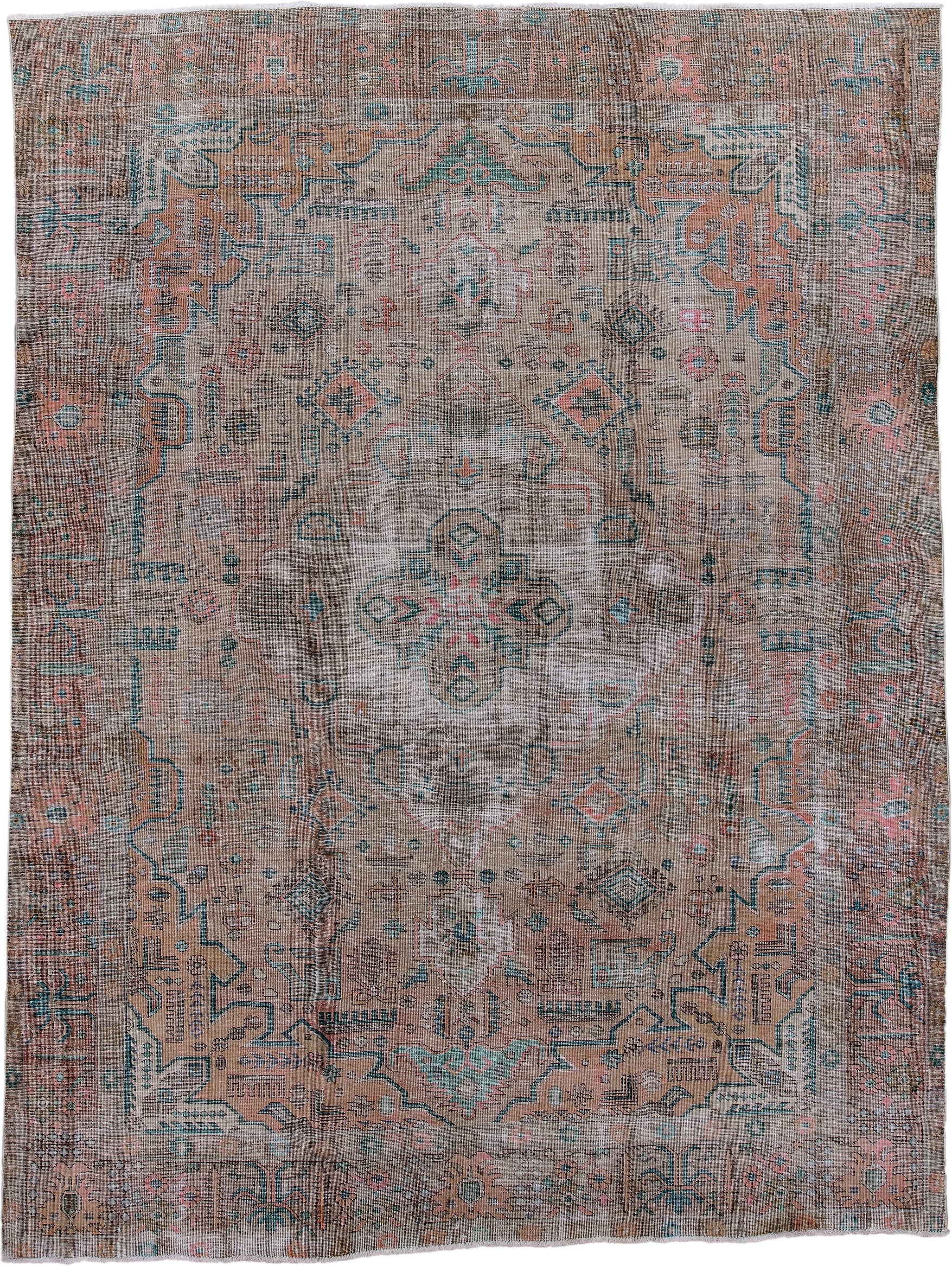 10' x 14' one-of-a-kind handmade vintage Distressed large size rug. Color palette: taupe, blush, teal, coral, ivory, brown