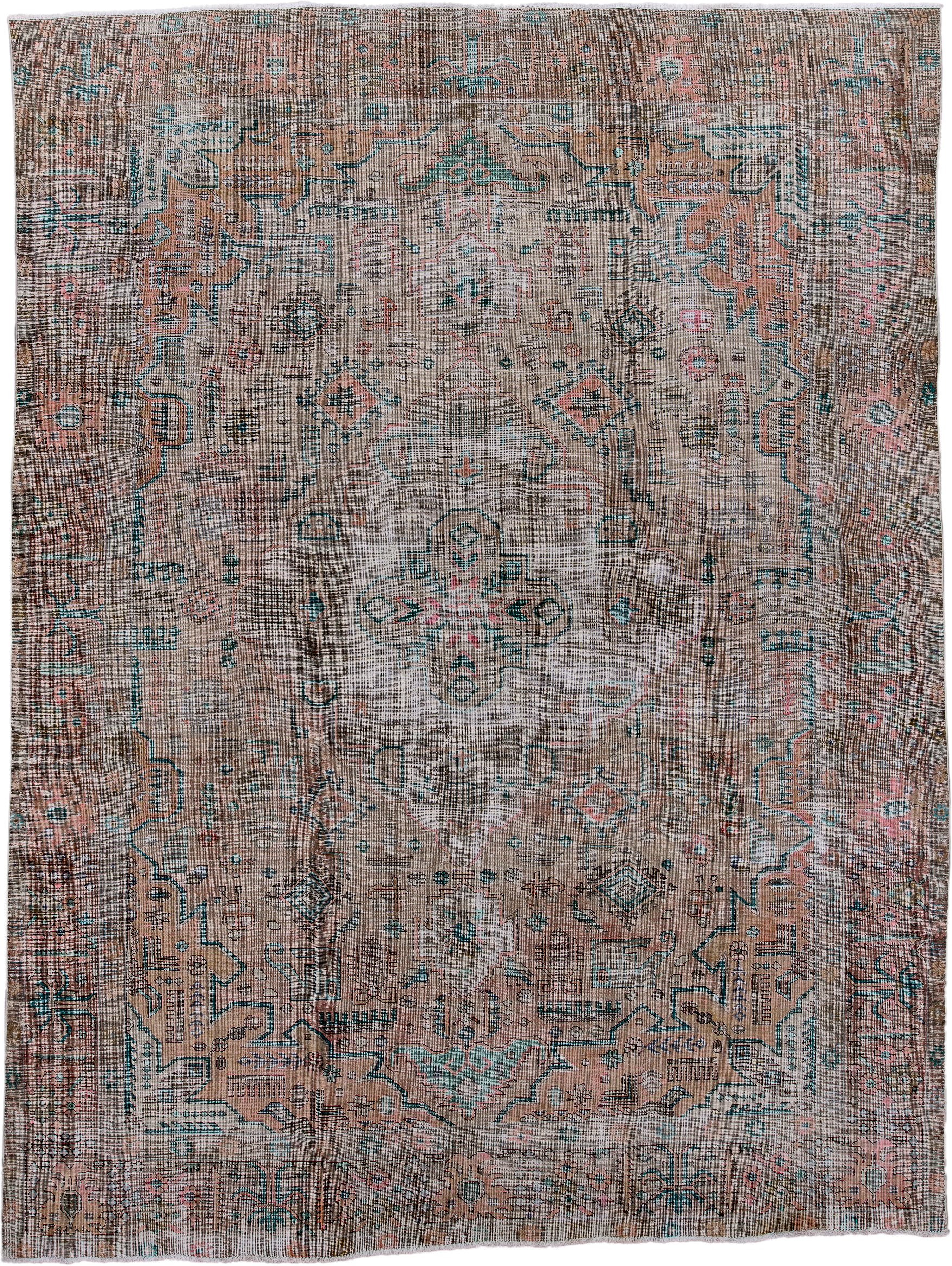 10' x 14' one-of-a-kind handmade vintage Distressed large size rug. Color palette: taupe, blush, teal, coral, ivory, brown
