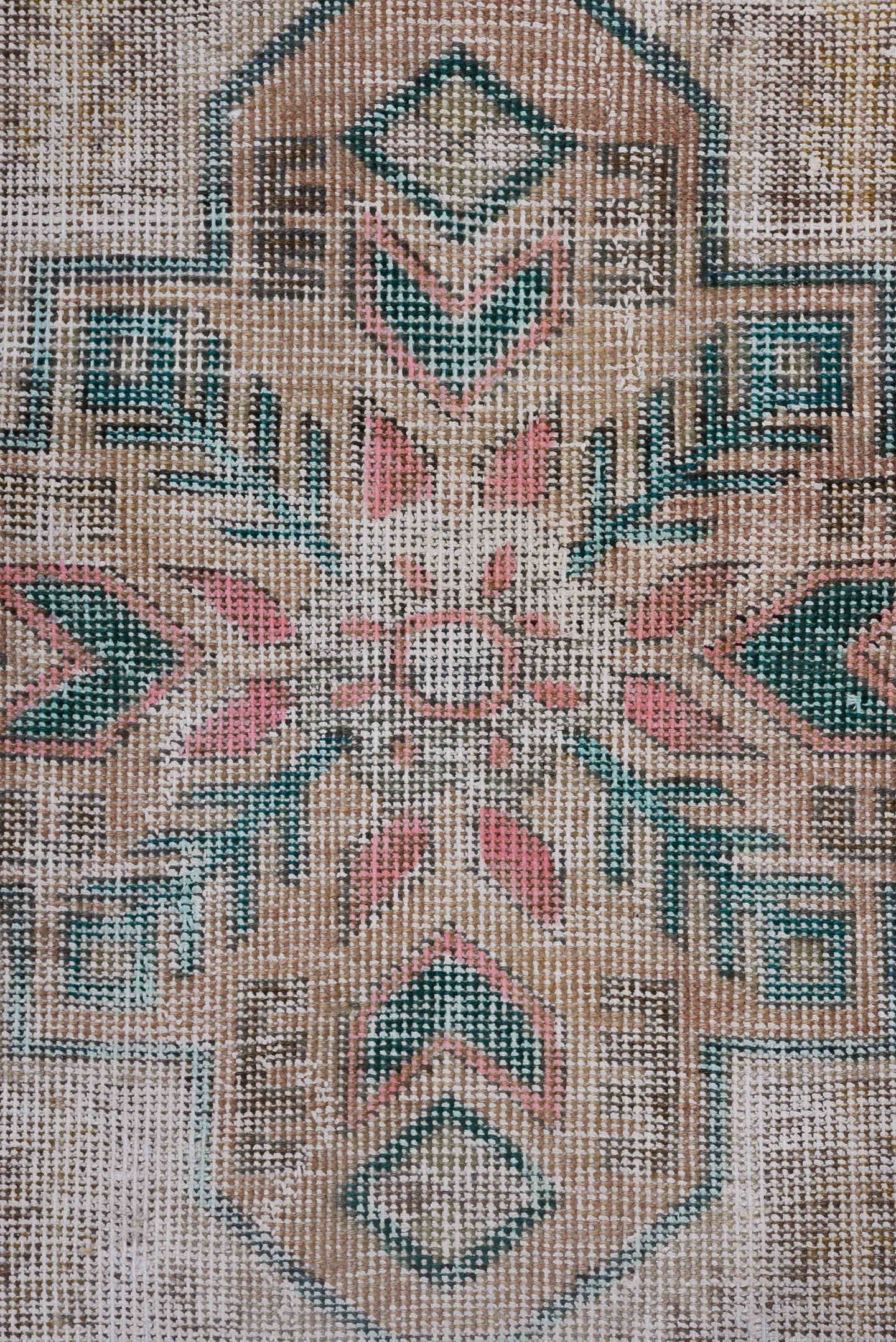 10' x 14' one-of-a-kind handmade vintage Distressed large size rug. Color palette: taupe, blush, teal, coral, ivory, brown