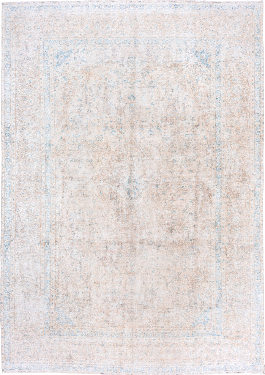 10' x 14' one-of-a-kind handmade vintage Distressed large size rug. Color palette: ivory, pale blue, cream, beige, taupe