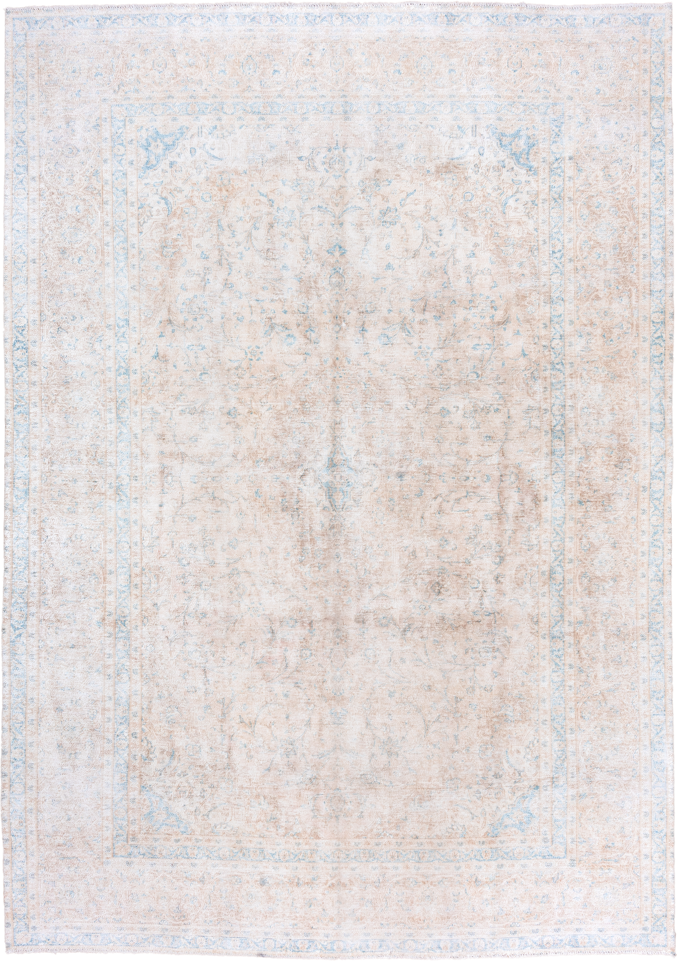 10' x 14' one-of-a-kind handmade vintage Distressed large size rug. Color palette: ivory, pale blue, cream, beige, taupe