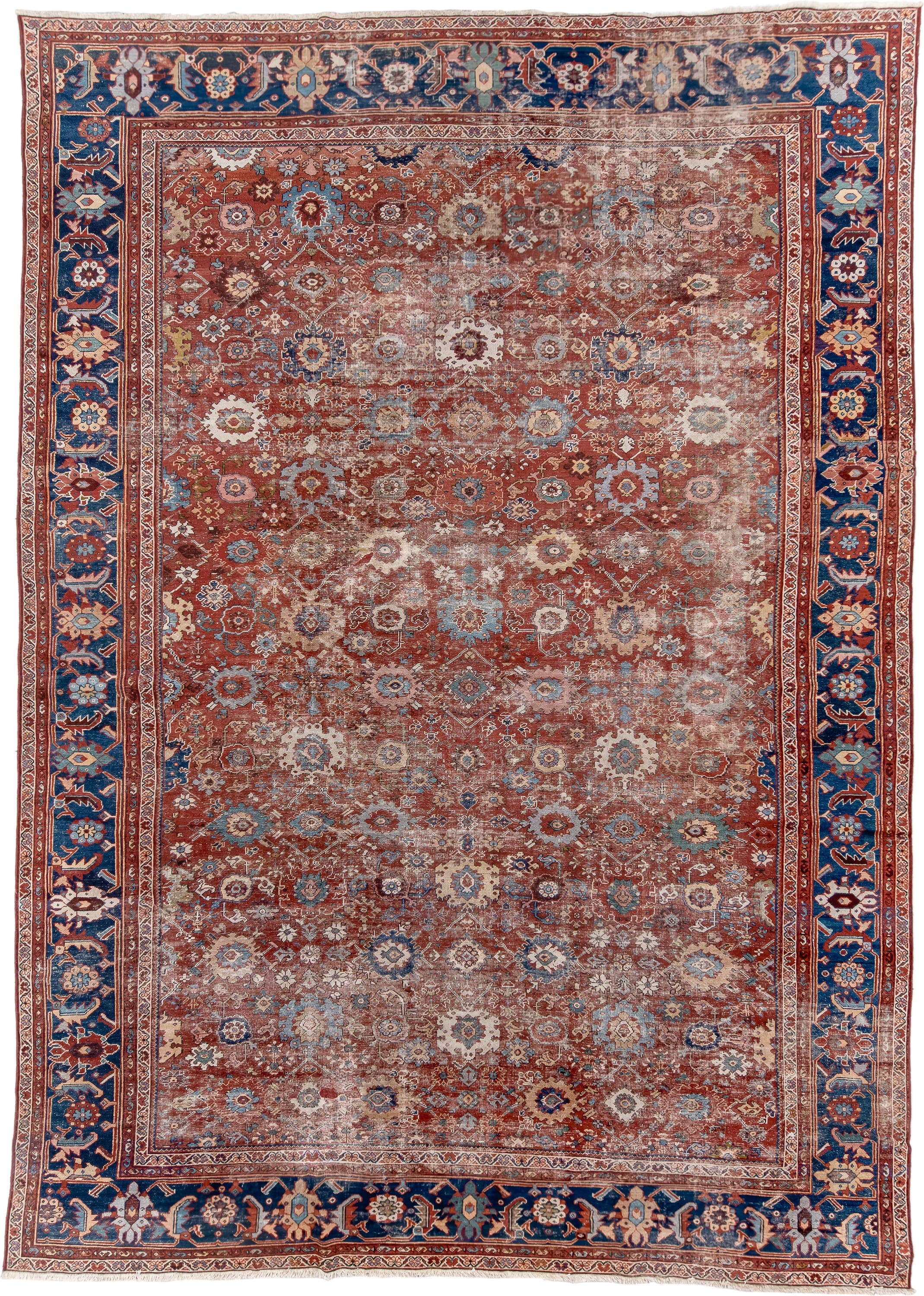 12' x 17' one-of-a-kind handmade vintage Sultanabad oversize rug. Color palette: rust, navy, ivory, sky blue, terracotta